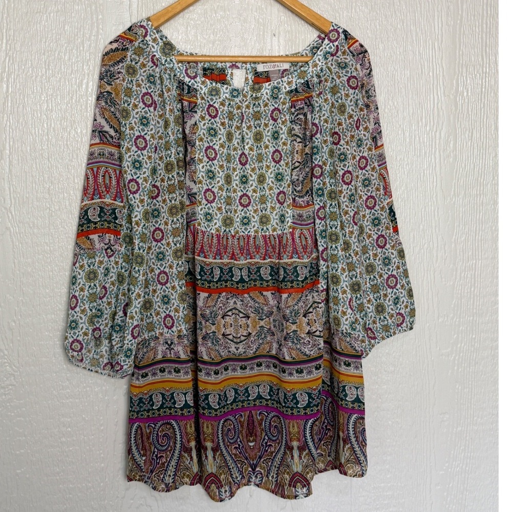 Roz & Ali Womens 2X Paisley Boho Blouse 3/4 Sleeve Keyhole Back Multi-Color EUC